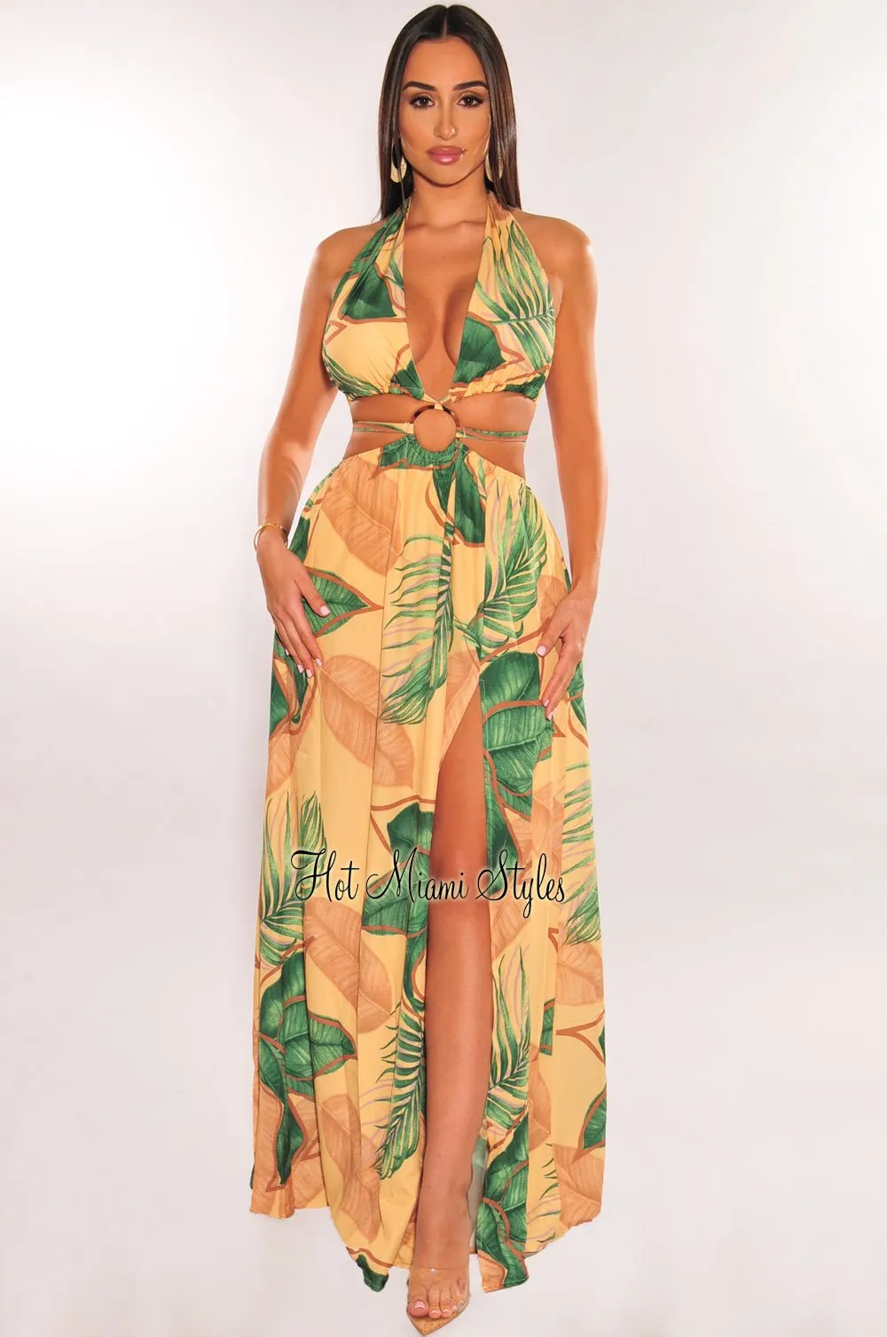 Yellow Tropical Palm Print Halter Padded Belted Slit Maxi Dress sold by Hot Miami Styles product image thumbnail 3