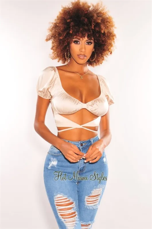 Champagne Silky Knotted Cut Out Wrap Around Crop Top sold by Hot Miami Styles