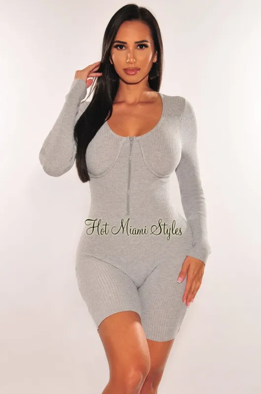 HMS Essential: Gray Ribbed Knit Faux Bustier Zipper Long Sleeves Romper sold by Hot Miami Styles