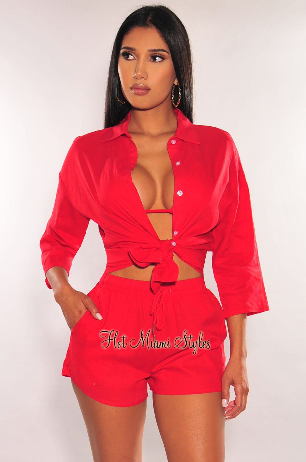 Red Linen Collared Button Up ¾ Sleeves Shorts Two Piece Set sold by Hot Miami Styles product image thumbnail 3