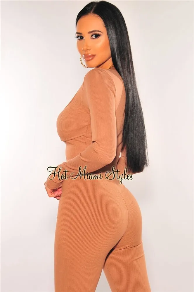 Mocha Ribbed Knit Faux Bustier Long Sleeves Crop Top sold by Hot Miami Styles product image thumbnail 2