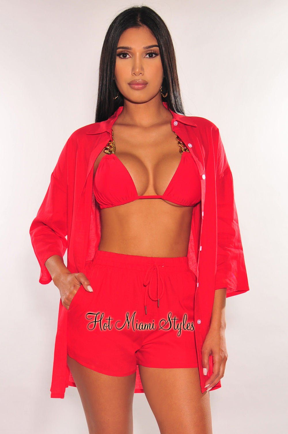 Red Linen Collared Button Up ¾ Sleeves Shorts Two Piece Set sold by Hot Miami Styles