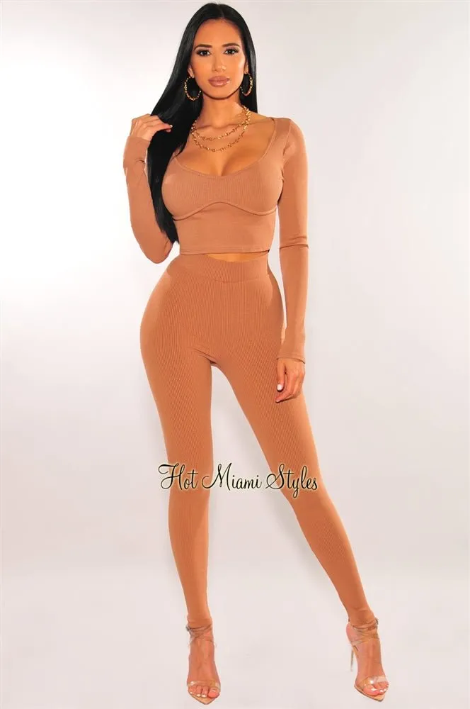 Mocha Ribbed Knit Faux Bustier Long Sleeves Crop Top sold by Hot Miami Styles product image thumbnail 3