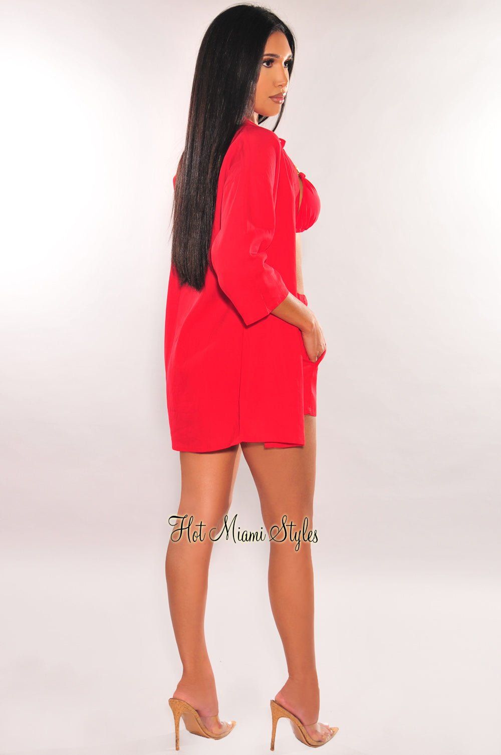 Red Linen Collared Button Up ¾ Sleeves Shorts Two Piece Set sold by Hot Miami Styles product image thumbnail 5