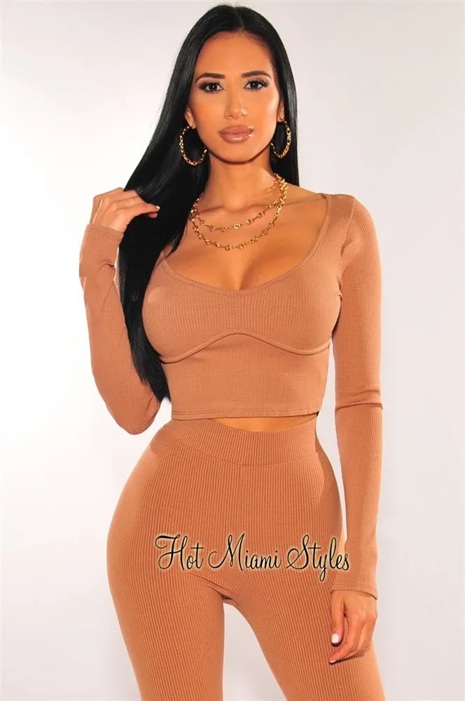 Mocha Ribbed Knit Faux Bustier Long Sleeves Crop Top sold by Hot Miami Styles