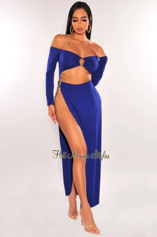 Royal Blue Off Shoulder O-Ring Cut Out Long Sleeves Slit Maxi Dress sold by Hot Miami Styles