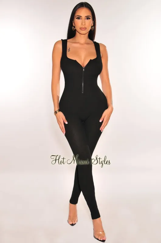 Black Ribbed Sleeveless Zip Up Open Ruched Back Jumpsuit sold by Hot Miami Styles