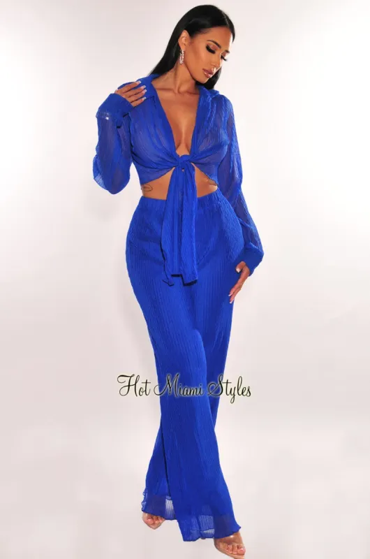 Royal Blue Sheer Pleated Collared Tie Up Palazzo Pants Two Piece Set sold by Hot Miami Styles