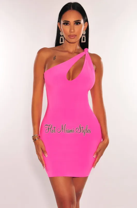 Pink One Shoulder Knotted Keyhole Mini Dress sold by Hot Miami Styles