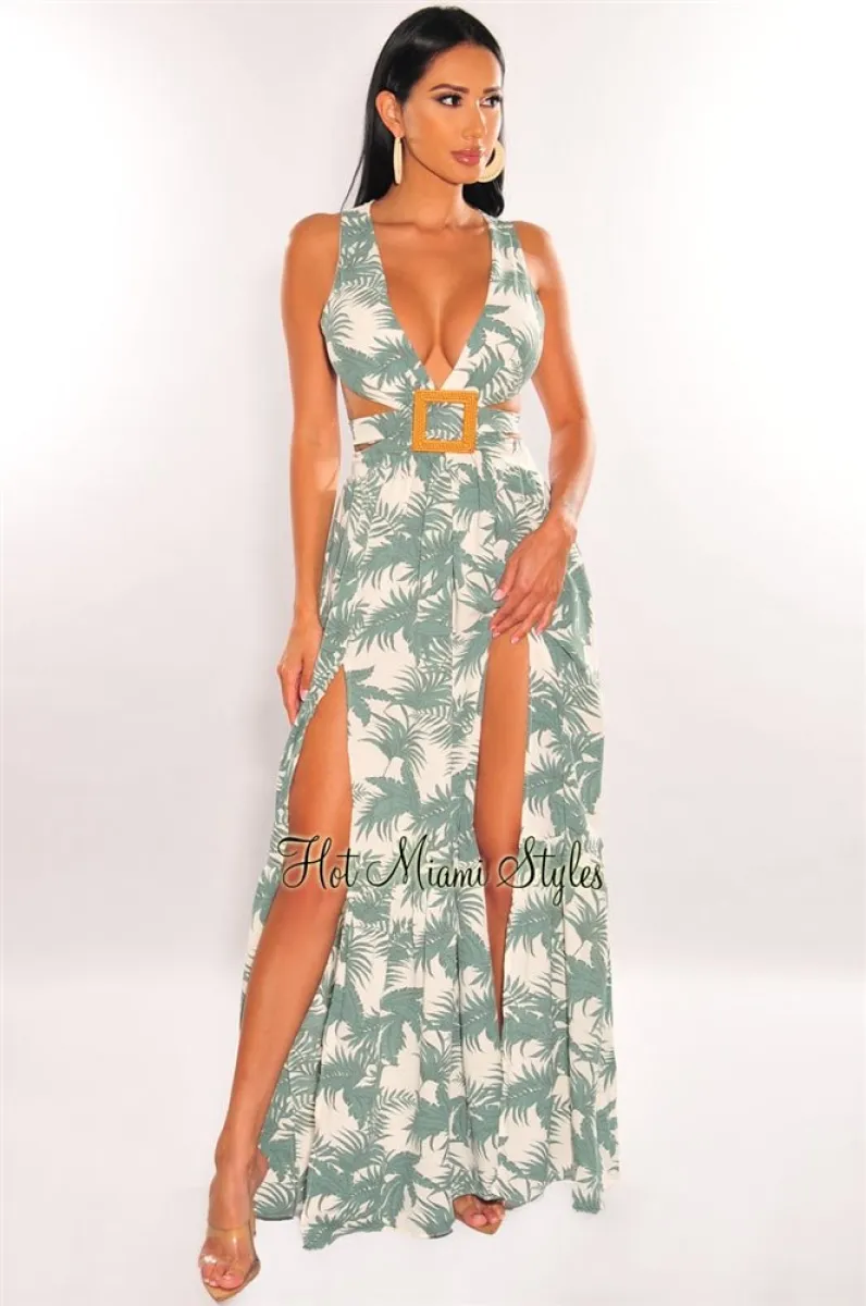 White Palm Print Cut Out Lace Up Back Belted Double Slit Maxi Dress |  Parallel