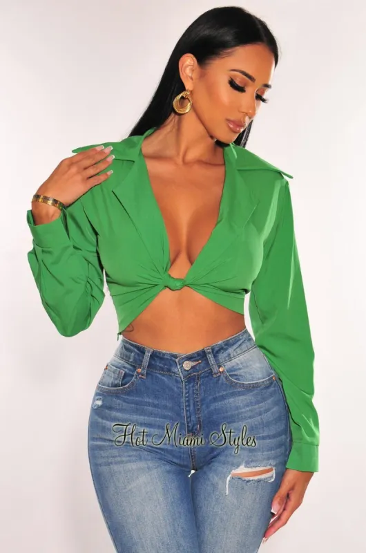Kelly Green Collared Long Sleeves Knotted Crop Top sold by Hot Miami Styles