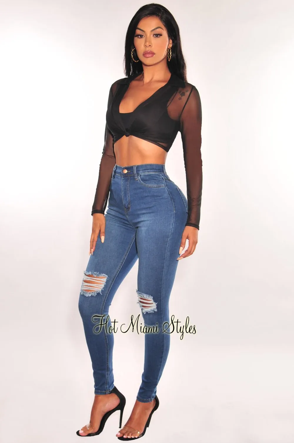 Dark Blue Denim Distressed Knee High Waist Skinny Jeans sold by Hot Miami Styles