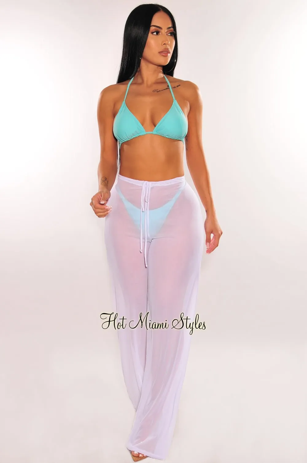 White Mesh Drawstring Palazzo Cover Up Pants sold by Hot Miami Styles