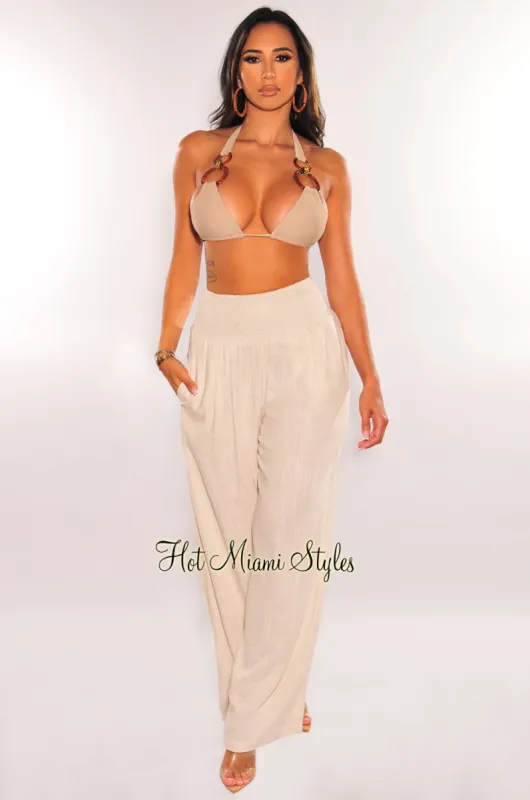 Sand Linen Smocked High Waist Palazzo Pants sold by Hot Miami Styles