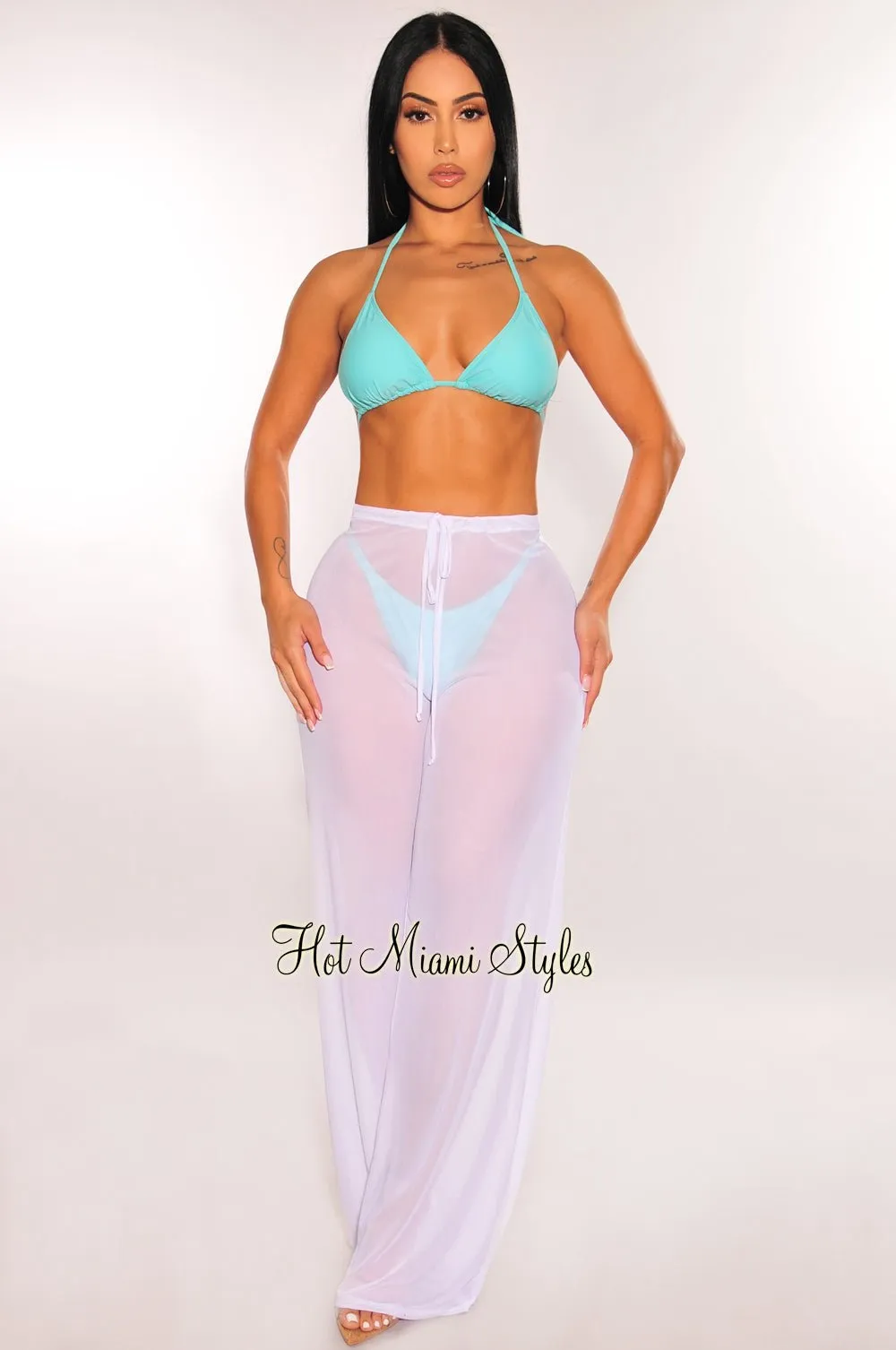 White Mesh Drawstring Palazzo Cover Up Pants sold by Hot Miami Styles product image thumbnail 2