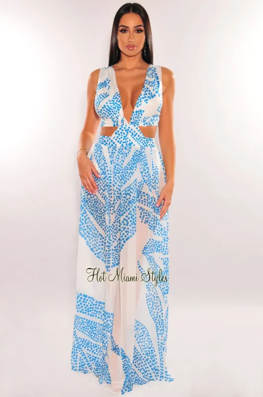 White Teal Palm V Neck Cut Out Maxi Dress sold by Hot Miami Styles