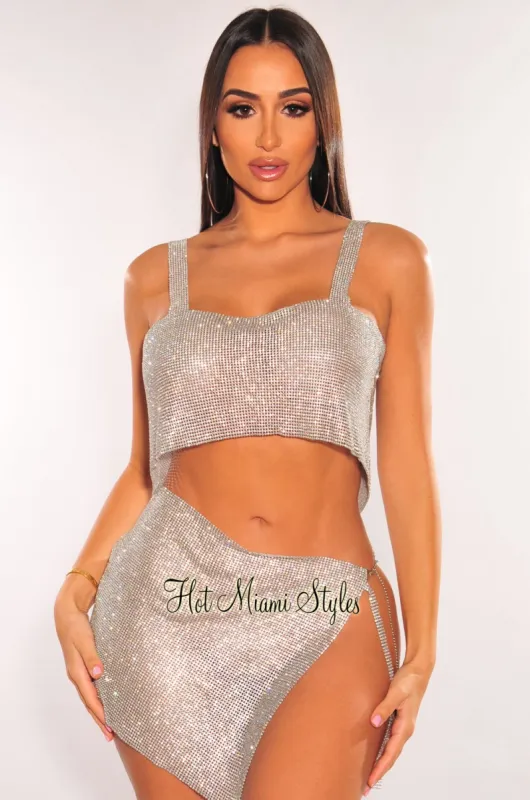 Silver Rhinestone Mesh Chain Crop Top sold by Hot Miami Styles