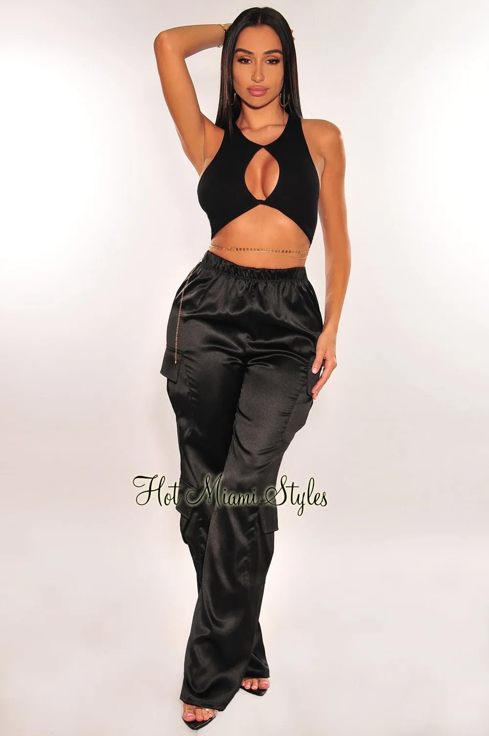 Black Satin High Waist Wide Leg Cargo Pants sold by Hot Miami Styles