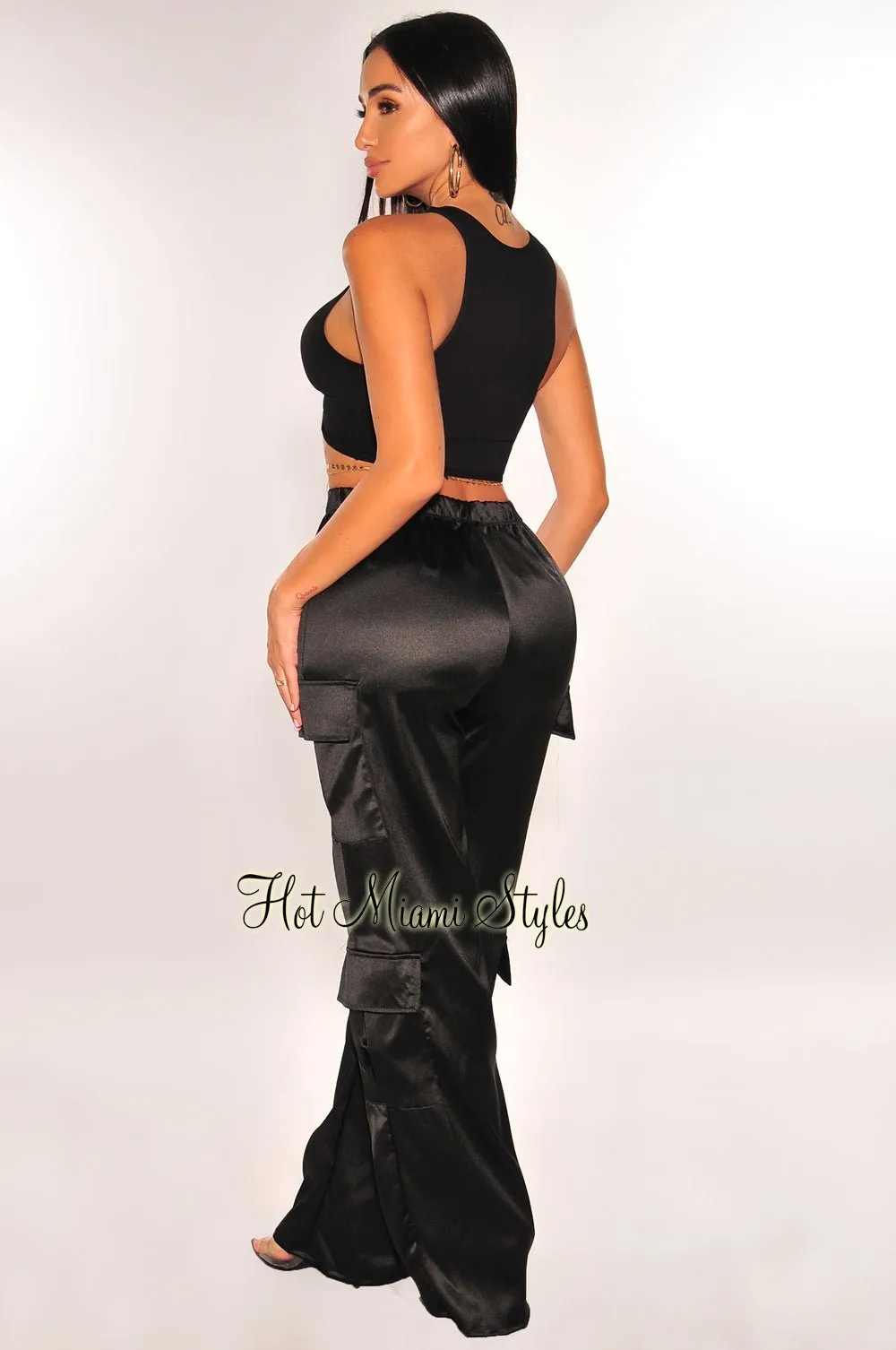 Black Satin High Waist Wide Leg Cargo Pants sold by Hot Miami Styles product image thumbnail 2