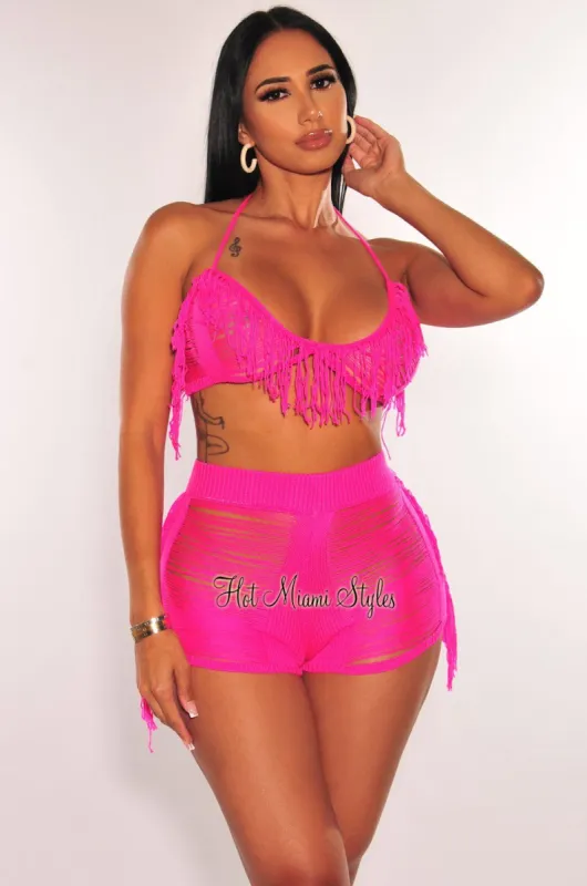 Fuchsia Halter Crochet Ladder Fringe Cover Up Shorts Two Piece Set sold by Hot Miami Styles