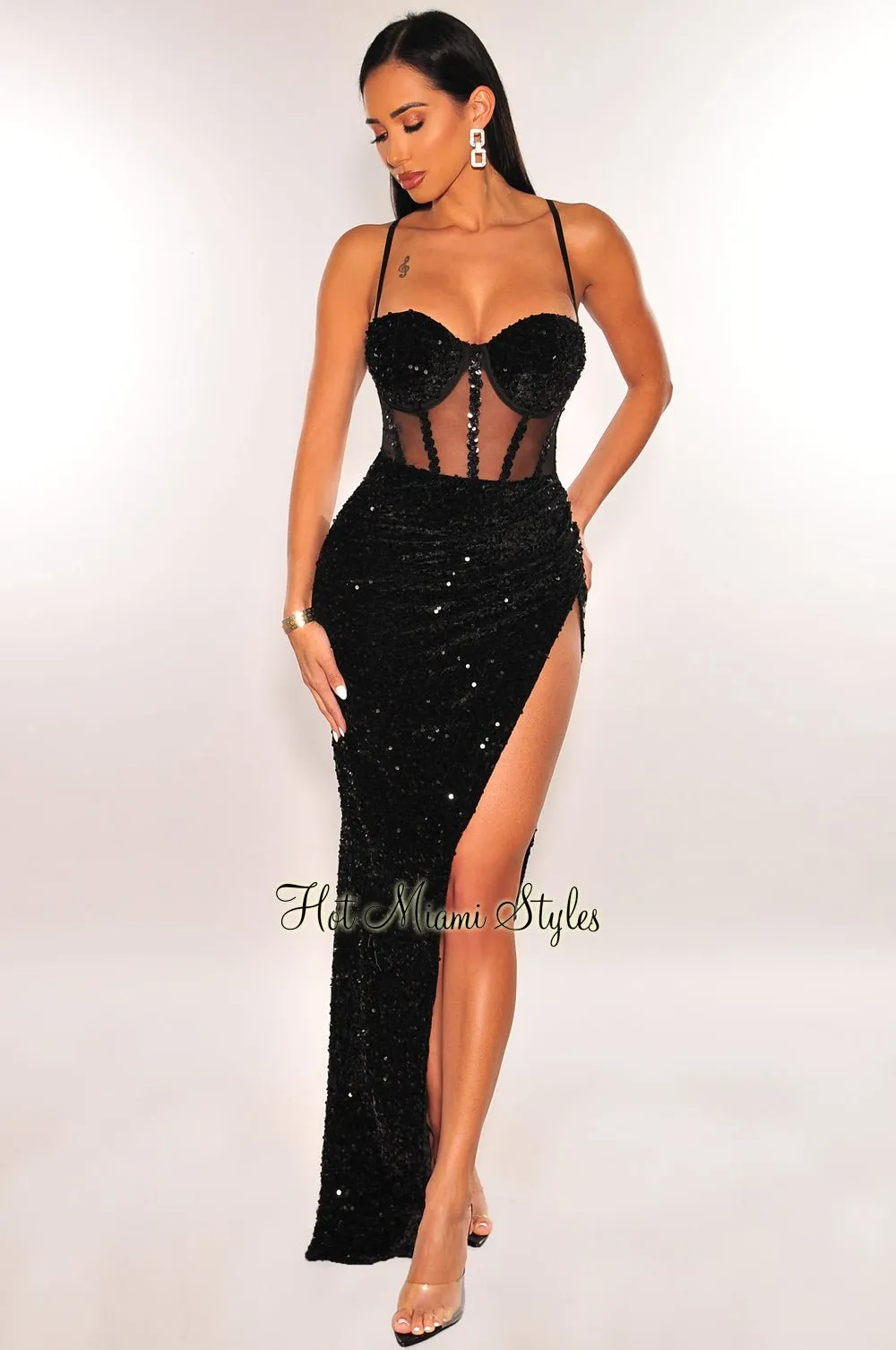 Black Sequins Mesh Spaghetti Strap Padded Bustier Slit Gown sold by Hot Miami Styles