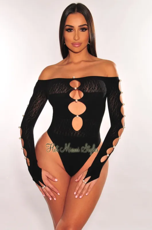 Black Pearl Off Shoulder Cut Out Long Sleeve Seamless Bodysuit sold by Hot Miami Styles