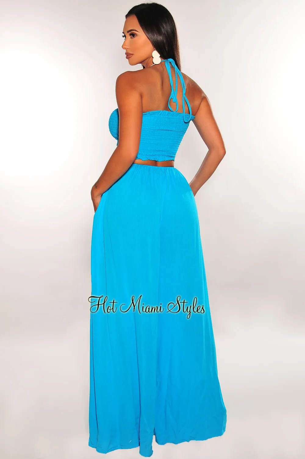 Sky Blue Smocked Halter Drawstring Cut Out Jumpsuit sold by Hot Miami Styles product image thumbnail 2