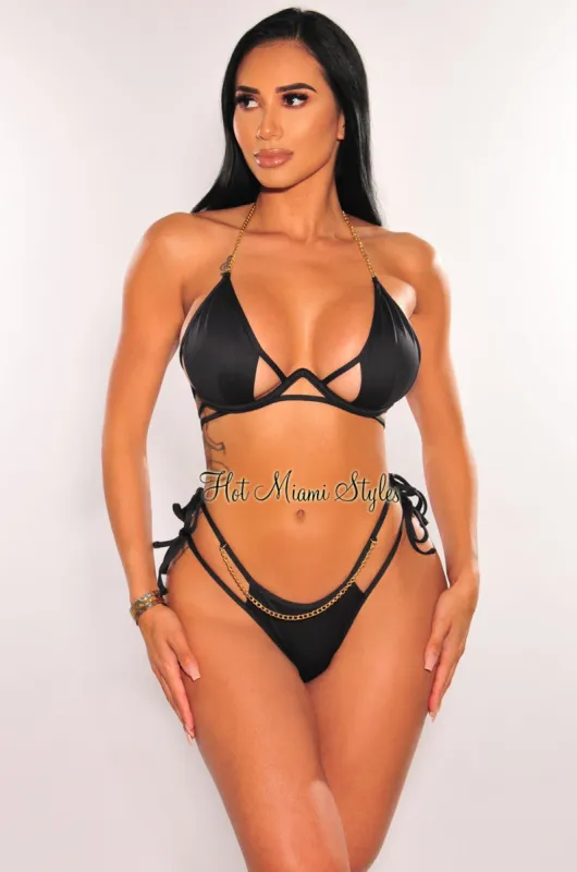 Black Gold Chain Underwire Strappy Tie Up Cut Out Bikini sold by Hot Miami Styles