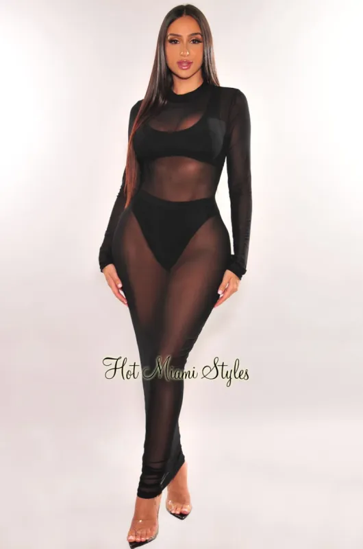 Black Sheer Mesh Long Sleeve Cover Up Dress sold by Hot Miami Styles