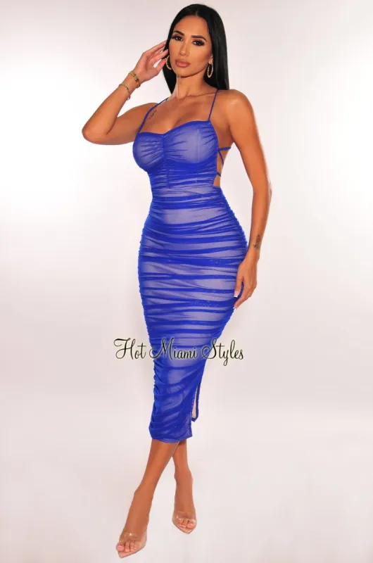 Royal Blue Nude Mesh Lace Up Back Ruched Slit Midi Dress sold by Hot Miami Styles