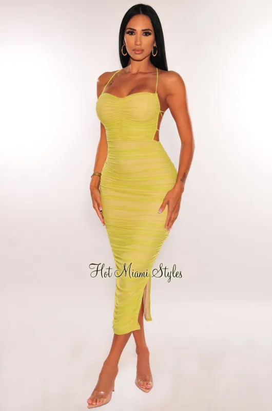 Citrus Nude Mesh Lace Up Back Ruched Slit Midi Dress sold by Hot Miami Styles