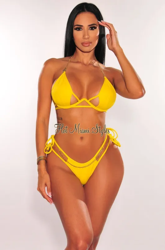 Yellow Gold Chain Underwire Strappy Tie Up Cut Out Bikini Bottom sold by Hot Miami Styles