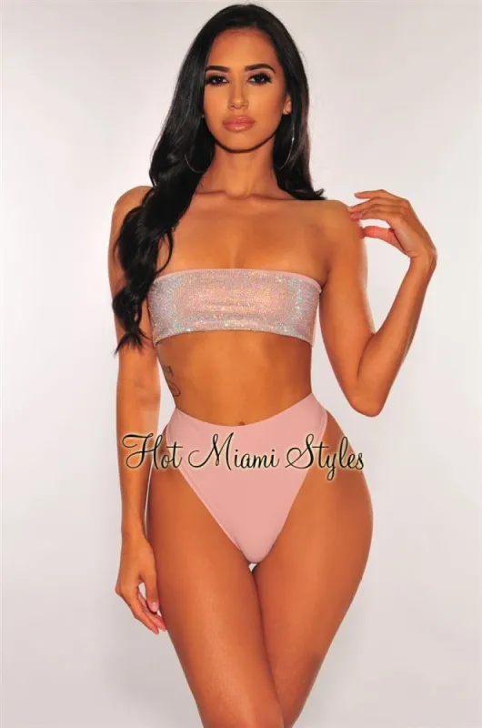 Blush Silver Rhinestone Bandeau High Waist Bikini Bottom sold by Hot Miami Styles