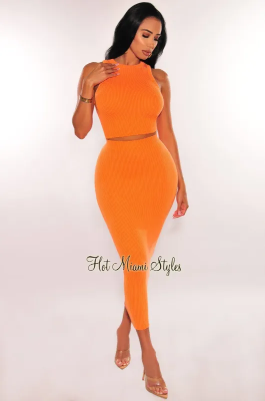 Tangerine Ribbed Racerback Skirt Two Piece Set sold by Hot Miami Styles