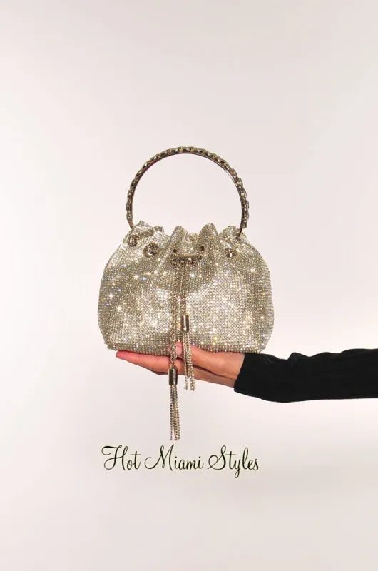 Silver Fashion Rhinestone Drawing String Handle Cross Body sold by Hot Miami Styles