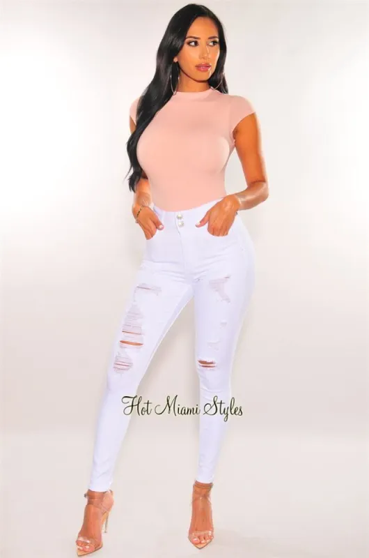 White Denim Distressed Button Up High Waist Jeans sold by Hot Miami Styles