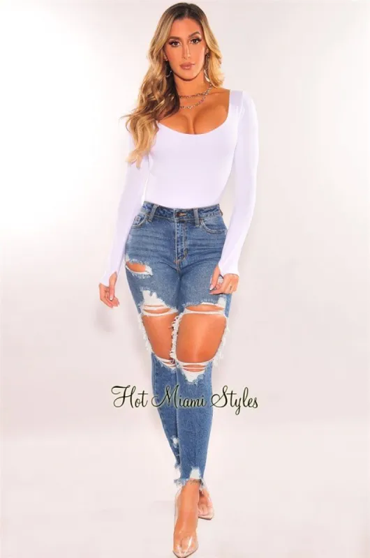 Medium Blue Denim Destroyed Frayed Hem Mom Jeans sold by Hot Miami Styles