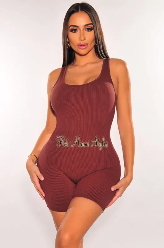 Chocolate Brown Ribbed Knit Sleeveless Romper sold by Hot Miami Styles