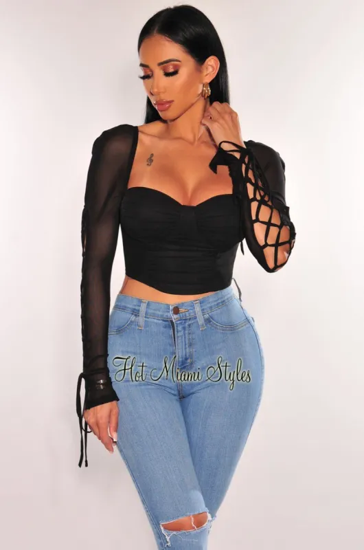 Black Sweetheart Padded Mesh Lace Up Long Sleeves Crop Top sold by Hot Miami Styles