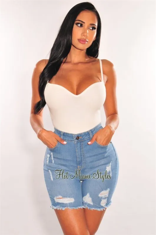 Light Blue Denim High Waist Distressed Frayed Hem Biker Shorts sold by Hot Miami Styles