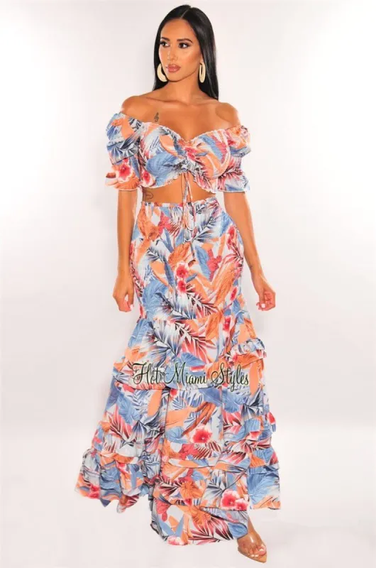 Blue Multi Color Palm Print Ruched Short Sleeve Smocked Maxi Skirt Two Piece Set sold by Hot Miami Styles