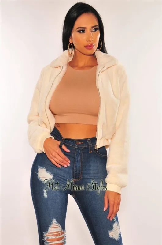 Cream Fuzzy Cropped Bomber Jacket sold by Hot Miami Styles