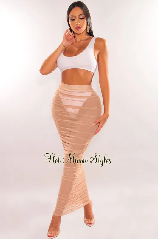 Nude Mesh High Waist Ruched Skirt Cover Up sold by Hot Miami Styles