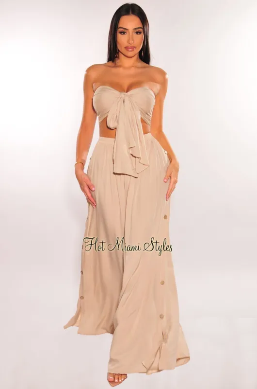 Sand Tie Up Tube Top Button Down Wide Leg Pants Two Piece Set sold by Hot Miami Styles