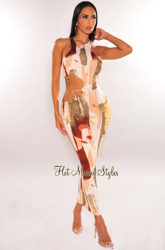 Multi Color Print Sleeveless Gold Chain Cut Out Midi Dress sold by Hot Miami Styles