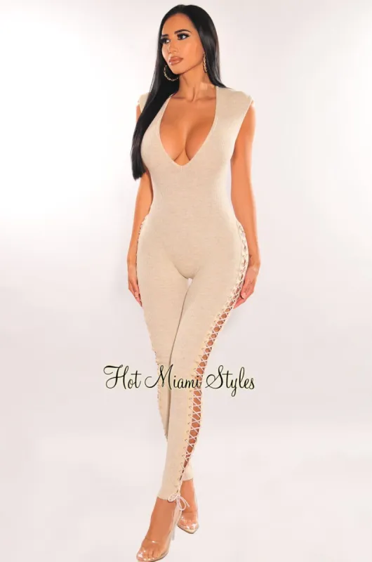 Nude Stone Ribbed Knit V Neck Lace Up Sides Jumpsuit sold by Hot Miami Styles