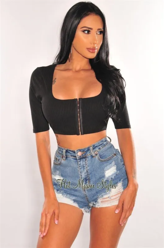 Black Ribbed Squared Neck Short Sleeve Bustier Crop Top sold by Hot Miami Styles
