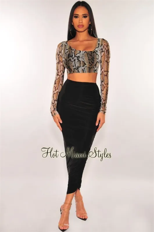 Snake Print Long Sleeves High Waist Ruched Skirt Two Piece Set sold by Hot Miami Styles