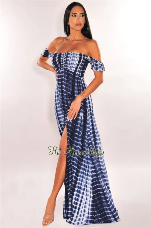 Deep Blue Tie Dye Ruffle Strap Smocked Slit Maxi Dress sold by Hot Miami Styles