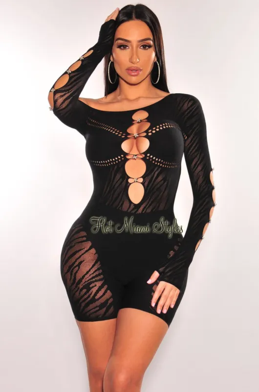 Black Asymmetrical Off Shoulder Cut Out Rhinestone Long Sleeve Seamless Romper sold by Hot Miami Styles